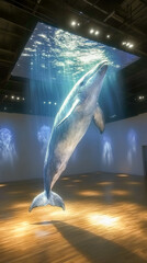 A life-sized blue whale emerges from a projected water surface in an art installation, creating an immersive experience for visitors at a contemporary art museum