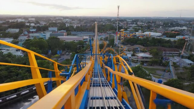 Point of View Looking Down the Track of a Tall Blue and Yellow Roller Coaster