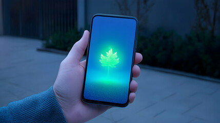 Hand Holding Smartphone Displaying Glowing Green Leaf Image at Night