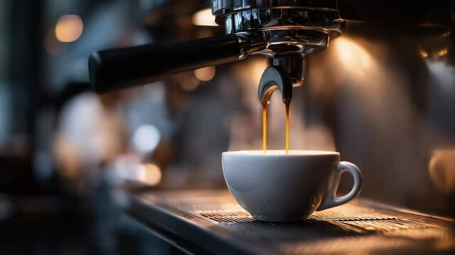 Close-Up of Espresso Machine Brewing Fresh Coffee in a Caf&eacute; Setting