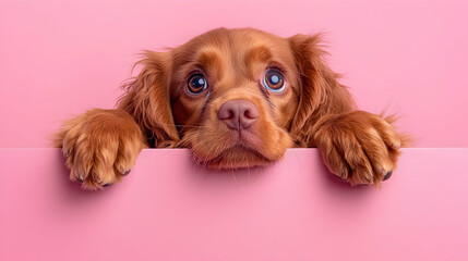 Adorable Brown Cocker Spaniel Puppy Peeking Over Pink Background