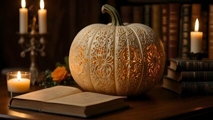 A intricately carved pumpkin with floral and lace patterns, placed on a Victorian-style table with candles and antique books, soft candlelight ambiance.