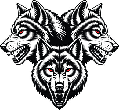 Roaring three-headed wolf silhouette, wolf vector suitable for t-shirt design, metal album rock cover, wall mate, tattoo, sticker isolated on white background.