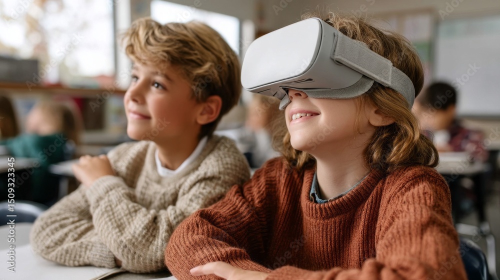 Poster in a vibrant classroom, students engage with virtual reality headsets, experiencing immersive learni