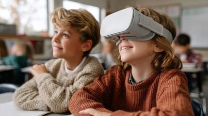 In a vibrant classroom, students engage with virtual reality headsets, experiencing immersive learning opportunities together. Their expressions show excitement and curiosity during the activity