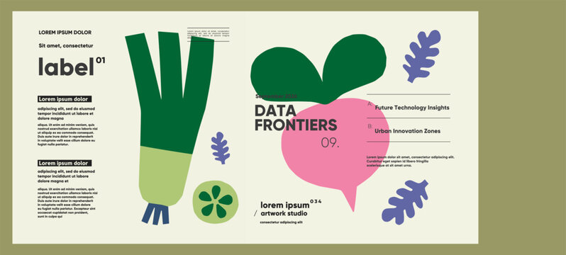 Playful visual with vegetable-inspired shapes and clean type layout, featuring tech-themed titles and soft organic forms, ideal for trend covers.