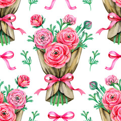 Ranunculus buttercup . Seamless floral pattern with pink flowers and Ranunculus buds. illustration isolated on a white background.
