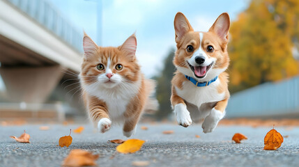 Ginger Cat and Corgi Running Joyfully on Autumn Street