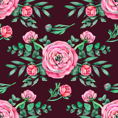 Ranunculus buttercup . Seamless floral pattern with pink flowers and Ranunculus buds. illustration isolated on a white background.