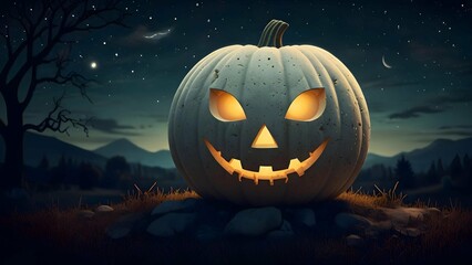 Elegant Halloween scene with a white pumpkin carved with celestial symbols, glowing gently under a starlit sky, Art Nouveau style illustration.