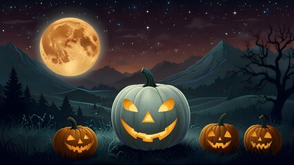Elegant Halloween scene with a white pumpkin carved with celestial symbols, glowing gently under a starlit sky, Art Nouveau style illustration.