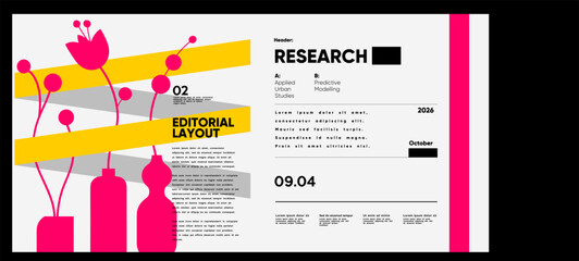 Editorial layout combining vases, flowers and vibrant text stripes, showcasing a bold and energetic style in fuchsia pink and yellow palette.