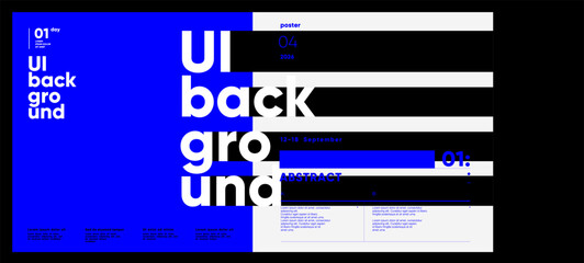 Bold typographic layout with vertical repetition, black and white stripes, and vivid blue contrast, designed for modern UI abstract poster presentation.