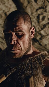 Homme de N&eacute;andertal &agrave; l&rsquo;int&eacute;rieur d&rsquo;une grotte, v&ecirc;tu de peaux animales

