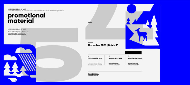 Contemporary promotional layout featuring abstract landscapes, modular typography, and vibrant blue on light background, crafted for 2026 product design.