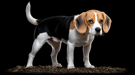 Tricolor Beagle Dog Portrait Against Black Background