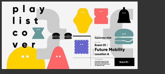 Creative playlist cover with quirky colorful abstract characters and typographic layout, designed for music events or digital album art in a playful style.