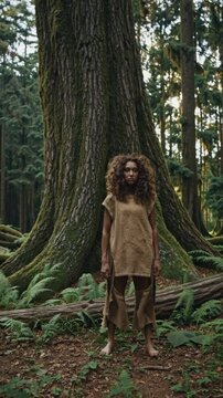 Femme v&ecirc;tue de haillons primitifs debout pieds nus au pied d&rsquo;un arbre g&eacute;ant dans la for&ecirc;t


