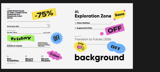 Vibrant editorial design mixing typographic hierarchy with colorful sticker-style graphics, blending marketing visuals with modern visual communication tools.