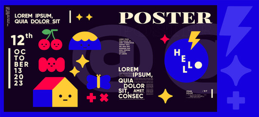 Obraz premium Playful dark-themed poster using bright vector icons, cute characters, and expressive type, ideal for creative children's projects or quirky event materials.