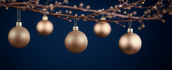 golden baubles hanging from tree branches against dark background. Season greetings concept