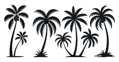 Collection of Tropical Palm Tree Silhouettes with Coconuts Isolated on White Background for Summer Vacation Beach Travel and Holiday Designs and Decorations