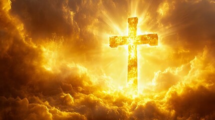 Fototapeta premium A radiant cross illuminated by a golden light amidst dramatic clouds, symbolizing faith, hope, and divine presence.