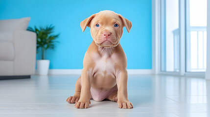 Adorable Tan Pitbull Puppy with Blue Eyes Sitting on Light Hardwood Floor