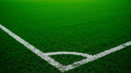 Obraz premium Fresh green grass on a soccer field with white corner lines detail view