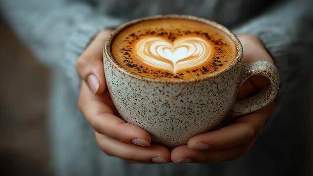 Cup of coffee in hand, The cup of latte coffee with heart shaped latte art