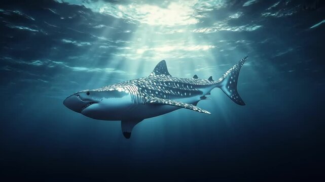Pixelated Whale Shark Swimming in Deep Blue Ocean with Sun Rays Streaming Through the Surface Marine Wildlife and Digital Mosaic Pattern