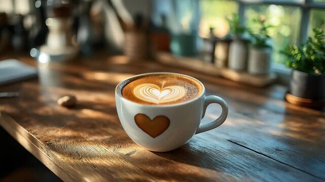 The cup of latte coffee with heart shaped latte art