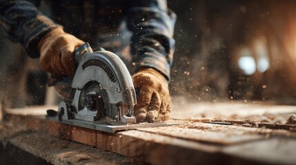 Craftsman focuses intently while operating a circular saw, cutting through wooden planks in a well-lit workshop