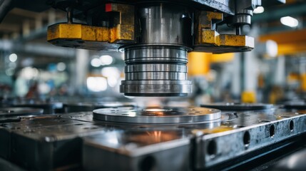 A machine is actively cutting and shaping metal parts in a large manufacturing facility. Bright overhead lights illuminate the workspace as skilled workers monitor the process carefully