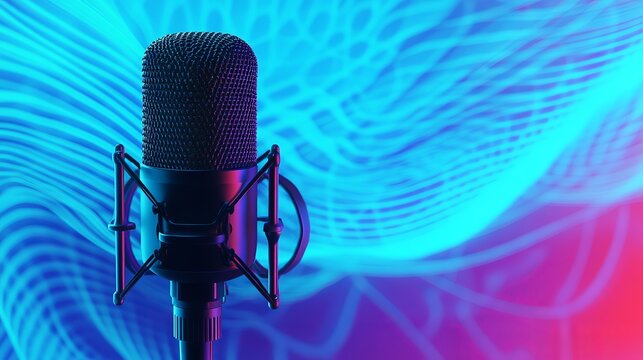 Professional Studio Condenser Microphone Broadcast Recording Audio Podcast Music Neon Blue Pink Vibrant Digital Art Graphic Design Illustration Background wave tool sound voice    