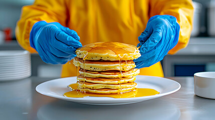Gloved Hands Carefully Plate a Stack of Golden Pancakes Drizzled with Syrup
