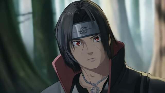 Animated portrait of a determined young man with crimson eyes wearing a symbolic headband looking intensely forward, in a dark forest setting.