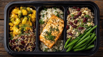 Colorful meal prep box featuring grilled salmon paired with brown rice, green beans, and a mix of roasted vegetables. Perfect for nutritious eating throughout the week