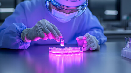 Scientist in Protective Gear Conducting an Experiment with Glowing Purple Fluid in a Modern Laboratory