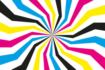 CMYK abstract spiral background. Swirl illustration of four cmyk colours. Cyan, magenta, yellow and black. Colorful bright pattern. Simple vector illustration