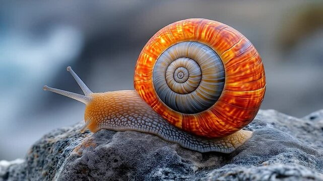 Snail Shell Macro: A vibrant snail with a striking orange and blue shell crawls on a dark grey rock, showcasing intricate details of its spiral pattern in a close-up macro shot. 