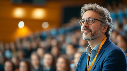 Fototapeta premium Thoughtful man in glasses listens during conference. Reflective and engaged moment at speaking event. World Speech Day highlights power of listening and ideas