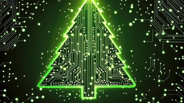 Glowing green circuit board christmas tree on digital background. Merry Christmas. Happy New Year