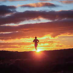 Runner enjoys a sunset jog on a tranquil evening, silhouetted by vibrant colors against the horizon