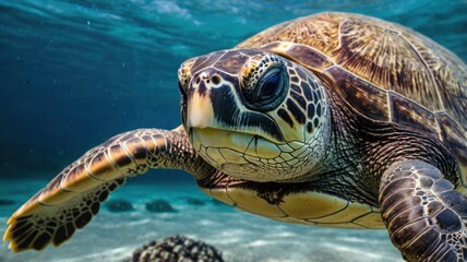 Green sea turtle gracefully swimming through an underwater coral reef