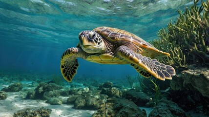 Fototapeta premium Green sea turtle swimming underwater in the tropical blue ocean reef with coral and fish