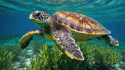 Obraz premium Green sea turtle gracefully swimming underwater among vibrant coral reef