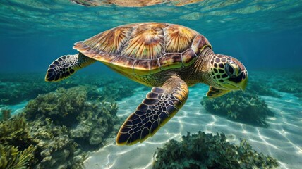 Obraz premium Green sea turtle glides gracefully through clear blue tropical ocean water over a vibrant coral reef