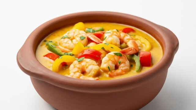 A vibrant shrimp moqueca with colorful peppers, served in a rustic clay bowl, close-up.
