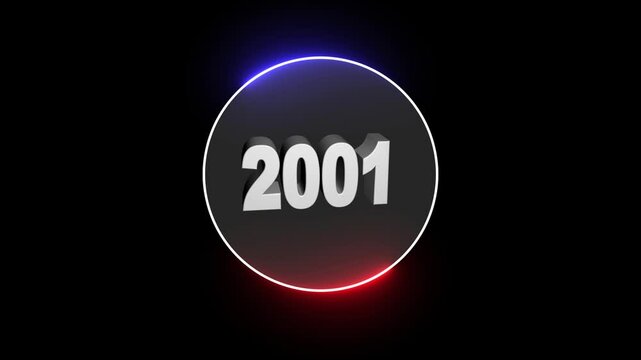 Animation of happy new year text 2001. Number counter animation Counting timer number animation. neon line 3D Abstract 2001 neon line text animation inside Ellipse shape.